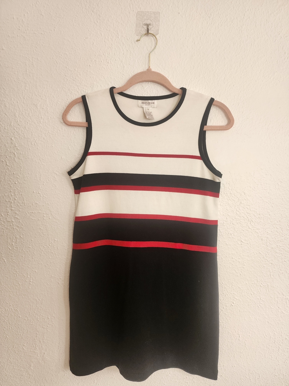 Jones New York Black, White & Red Striped Sleeveless Long Top 100% Cotton